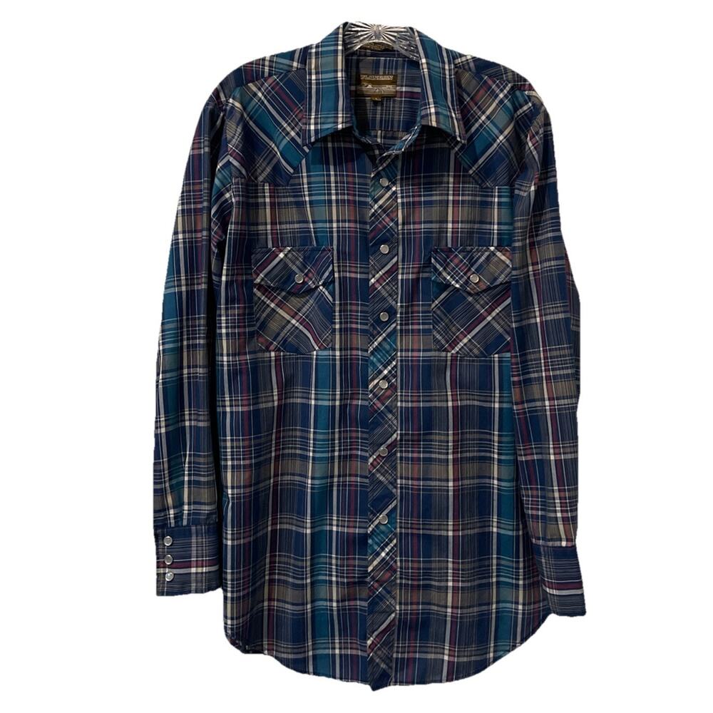 Plainsman Men's Long Sleeve Pearl Snap Blue Plaid Shirt L 16-16.5